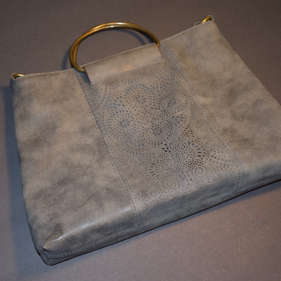 ? Handbags - Gray Leather Purse, Floral Cutouts, Brass Handles